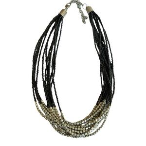 Vintage Multi-Strand Black and Silver Beaded Necklace Adjustable Statement